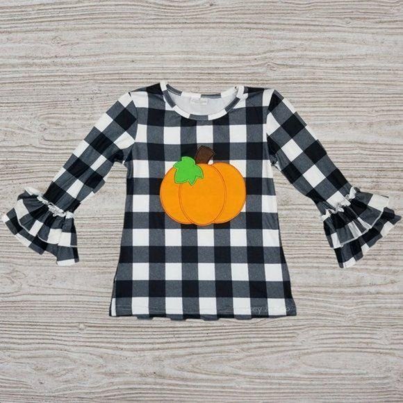 Checkered Pumpkin Bell Sleeve Distressed Jeans Set - Picture 2 of 8